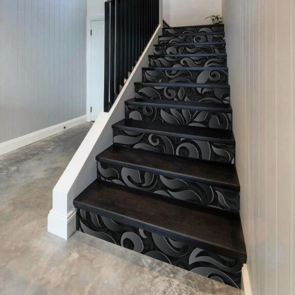 New Black Abstract Floral Swirl Self Adhesive Stair Risers Art Mural! 14 Pieces!